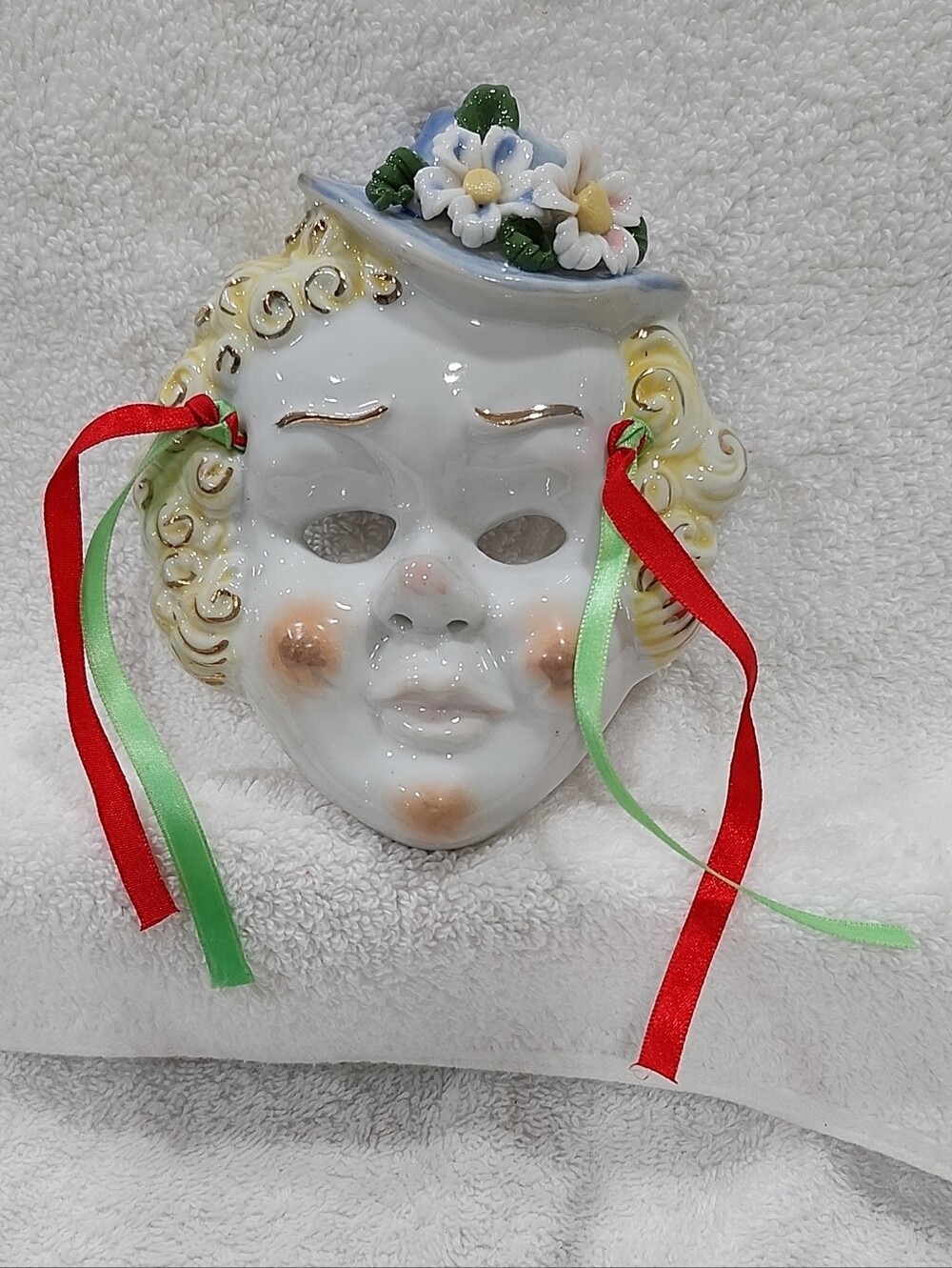 Vintage Ceramic Floral Hat Mask Wall Decoration With Red & Green Ribbons